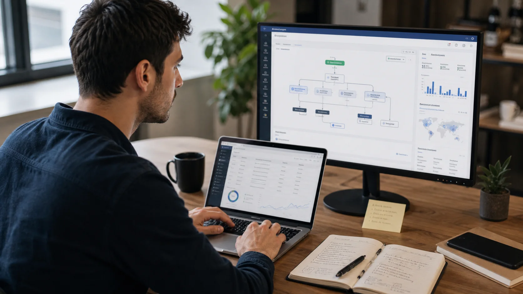 Professionista in ufficio che lavora su automazioni email e CRM