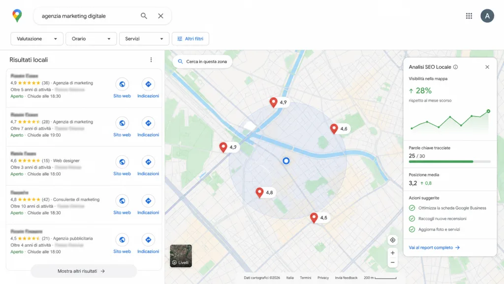 Schermata stile Google Maps per analisi SEO locale