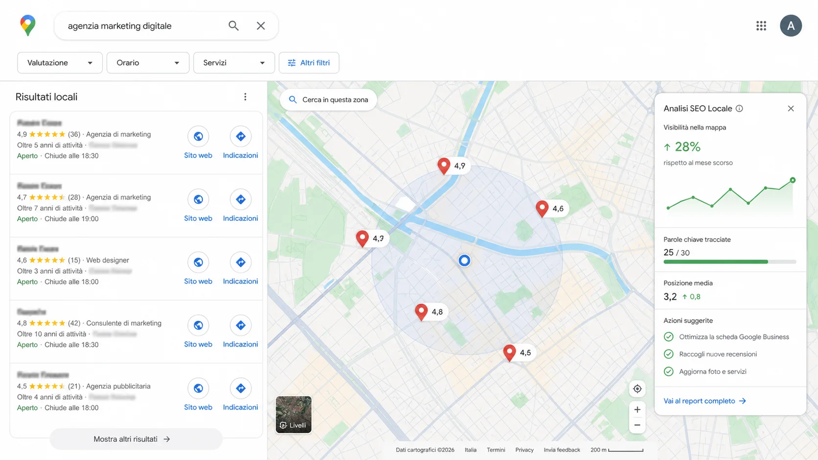 Schermata stile Google Maps per analisi SEO locale